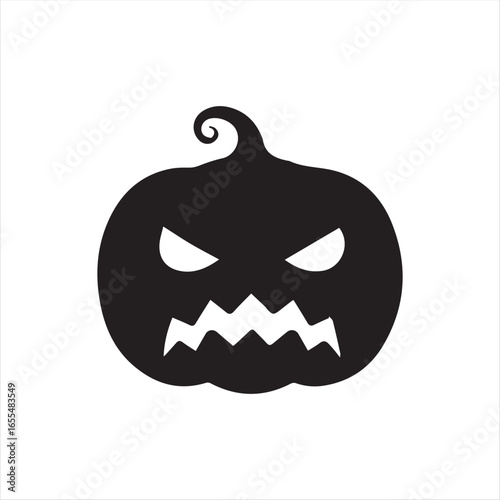 Halloween pumpkin icons, each carved with different spooky expressions: angry, scary, surprised, mischievous, and laughing. Solid black silhouette style, simple and minimal, isolated on white backgrou