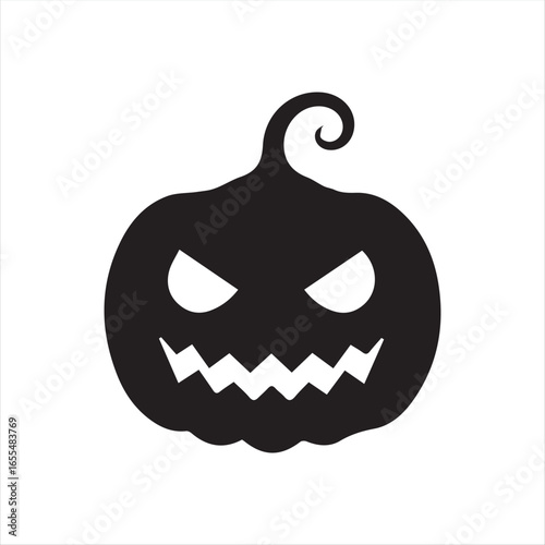 Halloween pumpkin icons, each carved with different spooky expressions: angry, scary, surprised, mischievous, and laughing. Solid black silhouette style, simple and minimal, isolated on white backgrou