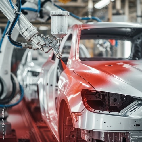 Automated Robotic Arm Precisely Spray Painting a Car Body Red in a Modern Automotive Factory