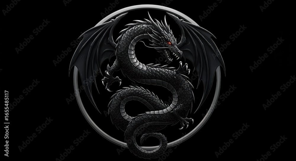 Obraz premium Black Dragon: A meticulously crafted artistic depiction of a black dragon, a mythical symbol of power and mystique, against a dark backdrop.