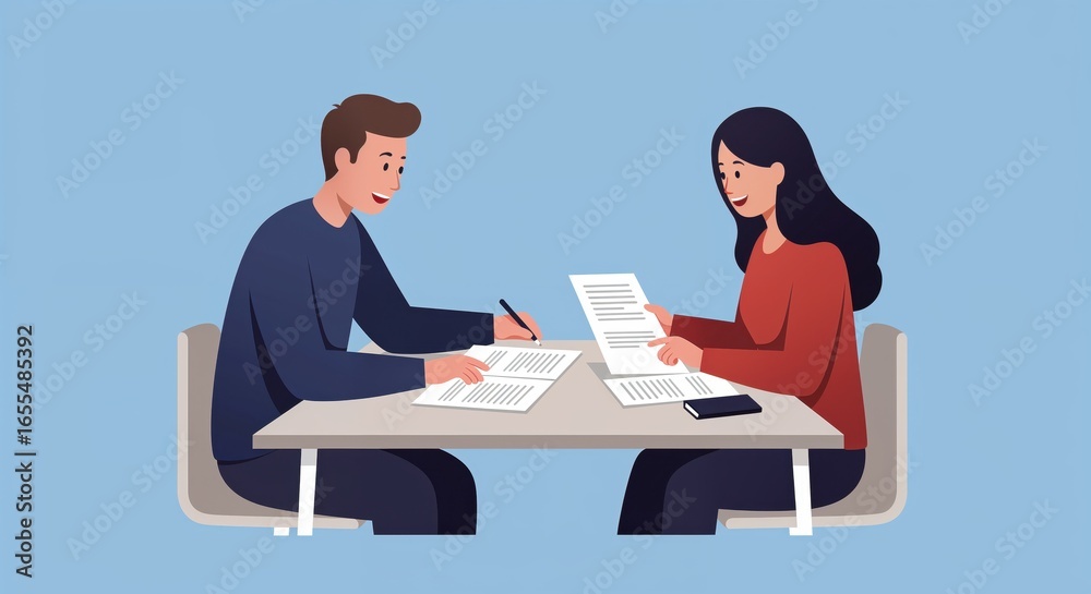 Obraz premium Business Collaboration: A man and woman meticulously review documents together at a table, engaged in a thoughtful discussion, showcasing the essence of teamwork and collaborative endeavor. 