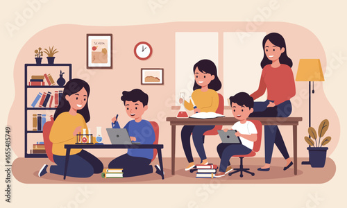 Illustration Of Family Studying Together In Living Room Suitable For Education, Parenting, And Home Learning Design