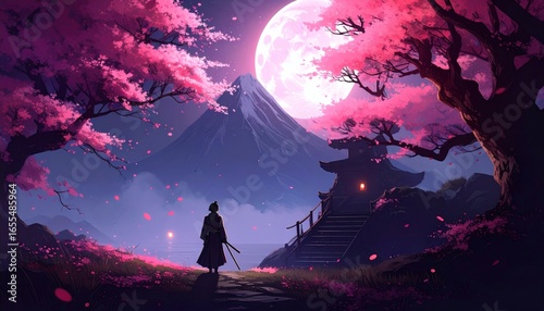 illustration Lone samurai under cherry blossoms – Anime fantasy scene, samurai with katana standing on a hill, glowing full moon in the sky, cherry blossom petals drifting in the wind