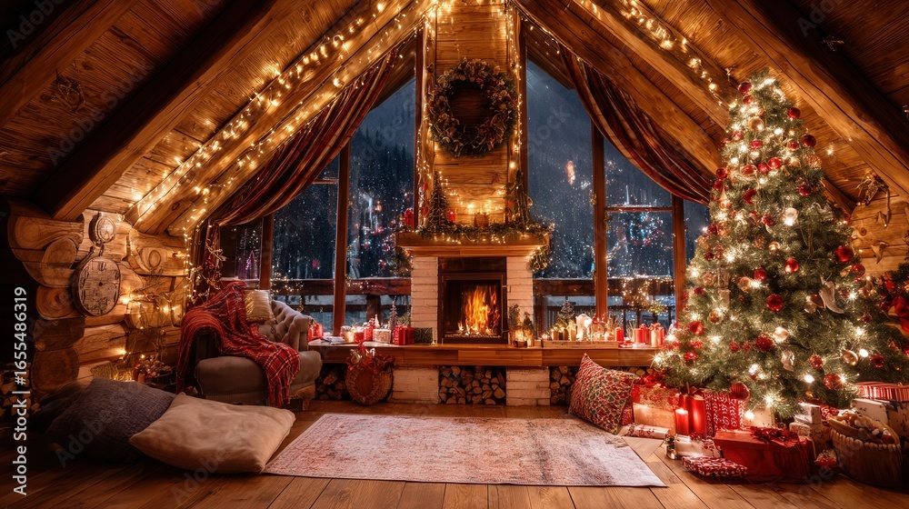 Fototapeta premium A cozy wooden cabin attic interior decorated for Christmas, featuring a fireplace, Christmas tree, fairy lights, gifts, and festive decor, creating a warm holiday ambiance.