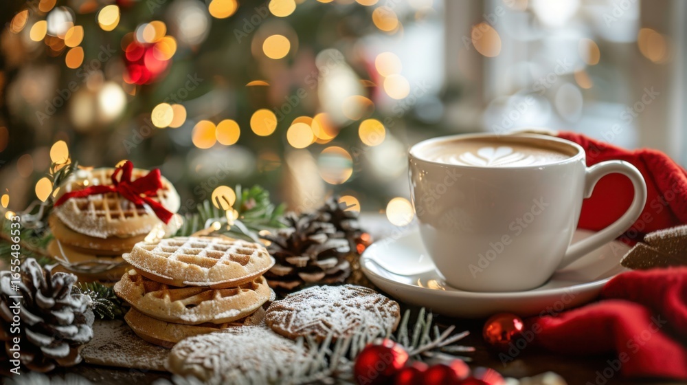 Fototapeta premium Christmas Traditions: Waffles, Lattes & Festive Delights