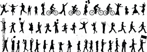 Children playing, active kids, jumping, running, cycling, holding balloons, skipping rope, happy kids, outdoor fun, energetic children, silhouette figures
