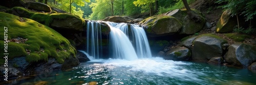 Serene waterfall cascading over moss-covered rocks, sunlight illuminating the crystalline water A pristine example of nature's artistry in motion , leaves, calm