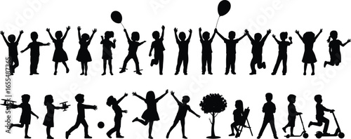Children silhouettes, kids playing, running, jumping, holding balloons, outdoor fun, playground activities, happy childhood moments, boys and girls together, family illustration