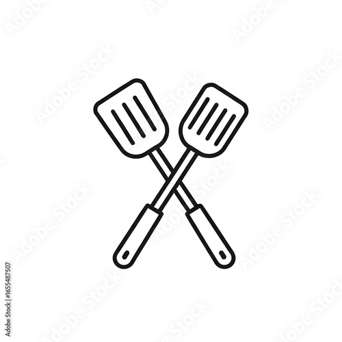 A simple black and white line art icon of two crossed cooking spatulas for grilling or barbecue.