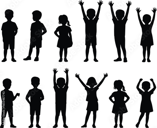 Children silhouettes, kids standing and playing, group of boys and girls, childhood illustration, happy kids, school children, fun activity, friendship