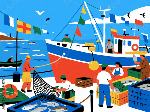Vector illustration of a busy fishing port with fishing boats, fishermen unloading nets full of fish, flat design, bright coastal colors