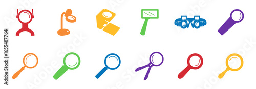 A collection of colorful icons depicting various magnifying glasses and vision-related tools.