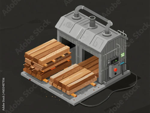 Vector isometric design of lumber drying kiln with stacked planks and industrial ventilation system