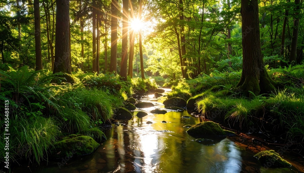 Fototapeta premium Sunlight streams through a lush forest, illuminating a clear stream