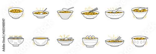 A graphic illustration showcasing a diverse collection of soup and noodle bowls, each with unique design elements.