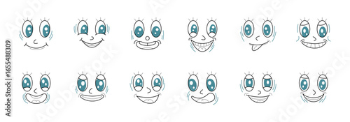 Set of different cartoon faces each expressing a unique happy emotion.