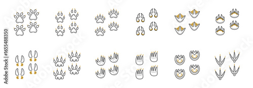 collection of animal footprints and paw prints, including mammals and birds.