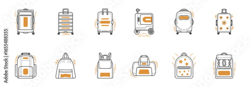 A set of illustrated luggage and bags ideal for travel, showing various styles and sizes.