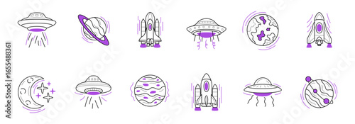 A collection of line art illustrations depicting various space-related objects including UFOs, rockets, planets, and a moon.