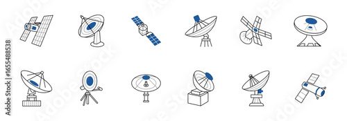A collection of line art icons depicting various types of satellite dishes and spacecraft.