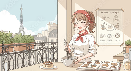 Anime pastry chef baking delightful desserts with a Parisian vista backdrop