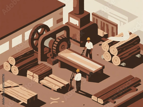 Vector illustration of a sawmill with stacks of timber, circular saw machines, and workers, flat design, earthy tones