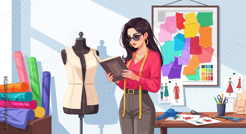 Fashion designer thoughtfully reviews designs in her bright workshop studio