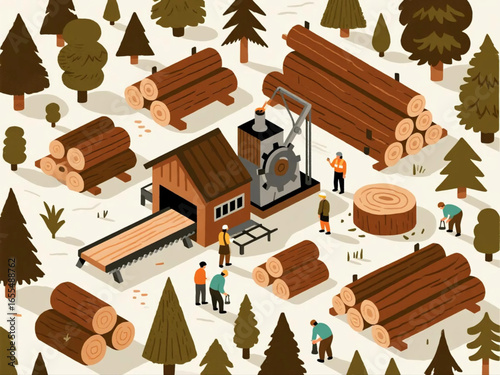 Vector illustration of a sawmill with stacks of timber, circular saw machines, and workers, flat design, earthy tones