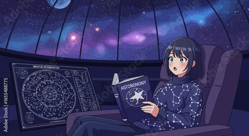 Anime girl engrossed in astronomy book inside observatory, illuminated by starlight