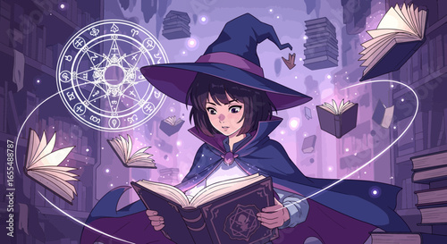 Young witch engrossed in spellbook, surrounded by mystical floating books and arcane symbols