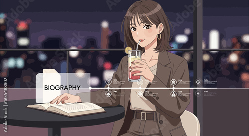 Anime styled woman sips drink while reading a biography at night cafe