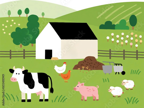Vector illustration of organic free-range farm with diverse animals, pasture, and sustainable farming methods