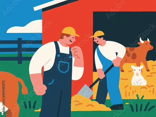 Vector flat design of farm workers caring for animals, cleaning stalls, and providing feed, clean minimal style