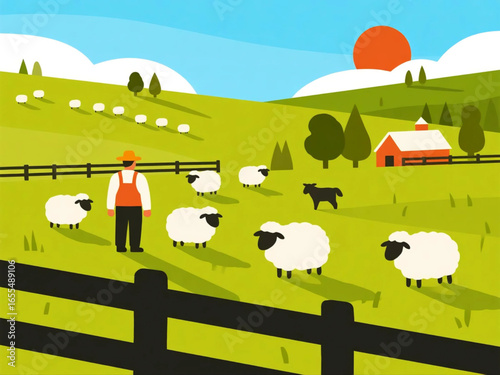 Vector flat design of sheep farm with shepherd, flock of sheep, and green rolling hills, bright rural scenery