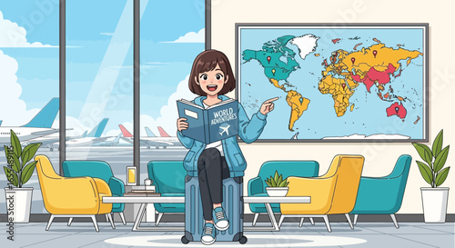 Animated traveler planning world adventures inside airport terminal lounge