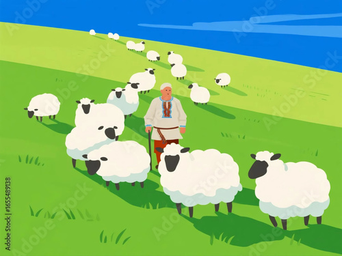 Vector flat design of sheep farm with shepherd, flock of sheep, and green rolling hills, bright rural scenery