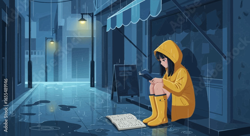 Serene rainy day scene: A girl in a yellow raincoat reading near shop