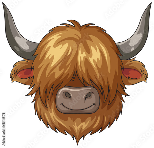 Highland Cow Cartoon Head with Shaggy Fur and Horns
