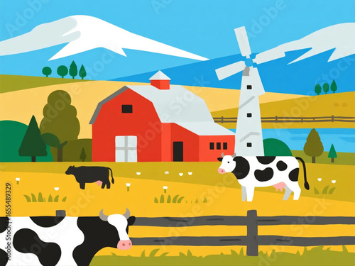Vector illustration of a modern cattle farm with grazing cows, red barn, and windmill, flat design, bright countryside colors