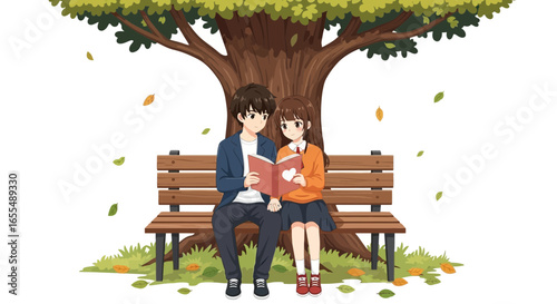 Romantic anime couple sharing a heartwarming moment under a lush autumn tree