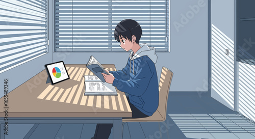 Young man studying at desk with tablet and books in sunlit room illustration
