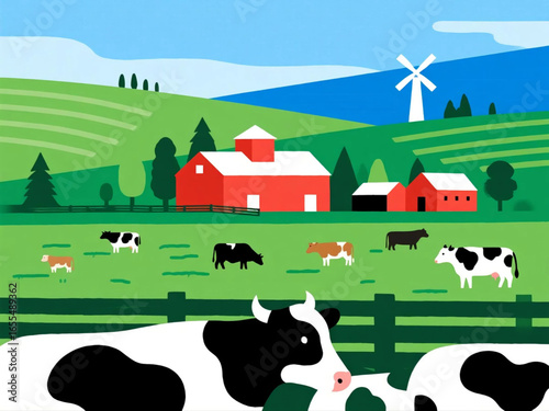 Vector illustration of a modern cattle farm with grazing cows, red barn, and windmill, flat design, bright countryside colors