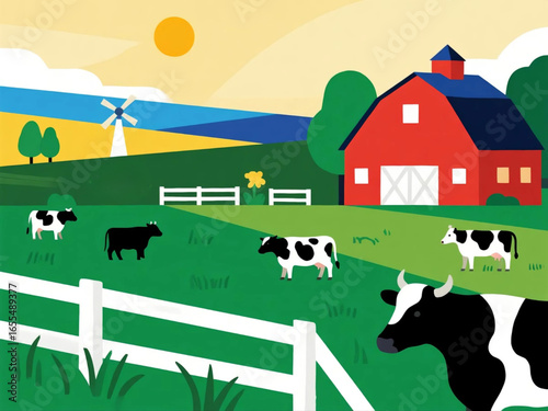 Vector illustration of a modern cattle farm with grazing cows, red barn, and windmill, flat design, bright countryside colors