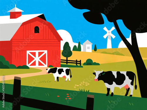 Vector illustration of a modern cattle farm with grazing cows, red barn, and windmill, flat design, bright countryside colors
