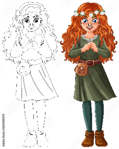 Red-Haired Girl in Green Dress with Floral Crown