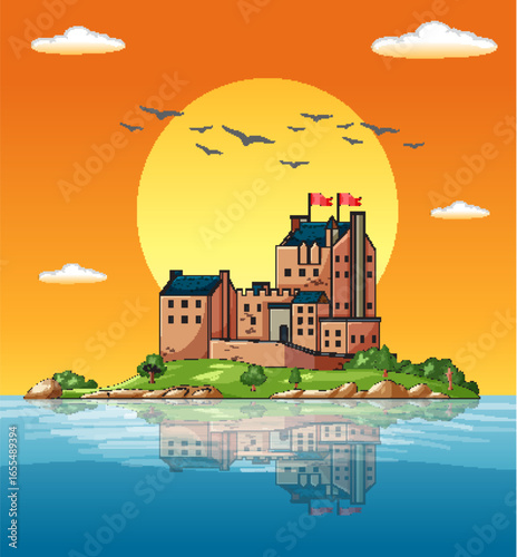Historic Castle on Island at Sunset with Reflection