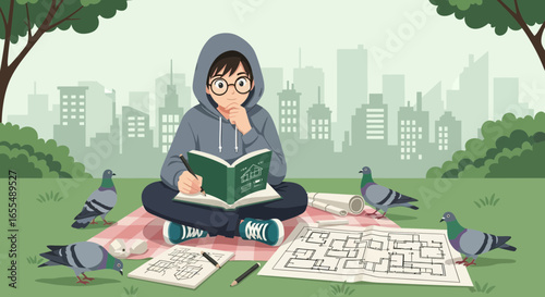 Young architect sketching blueprints in the park with pigeons in urban environment