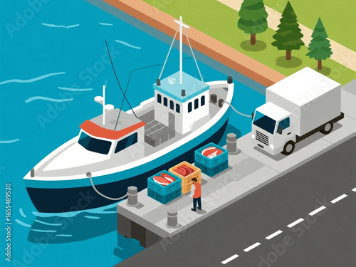 Vector isometric design of fishing boat docked at pier with crates of fresh catch being loaded onto trucks