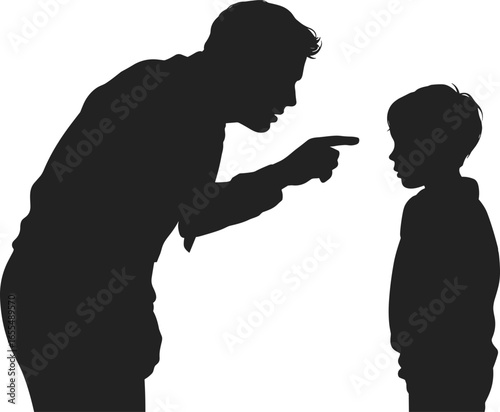 Father scolding child silhouette, parent discipline, strict parenting, angry man pointing finger, family conflict, childhood stress, parenting issues, authority, communication problem