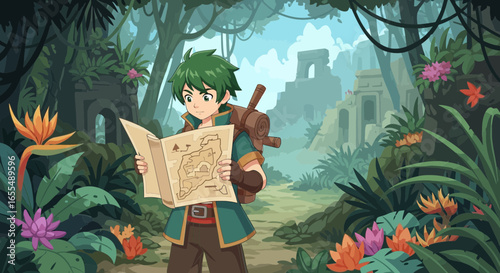 Adventurer navigates lush jungle towards ancient ruins using a detailed map
